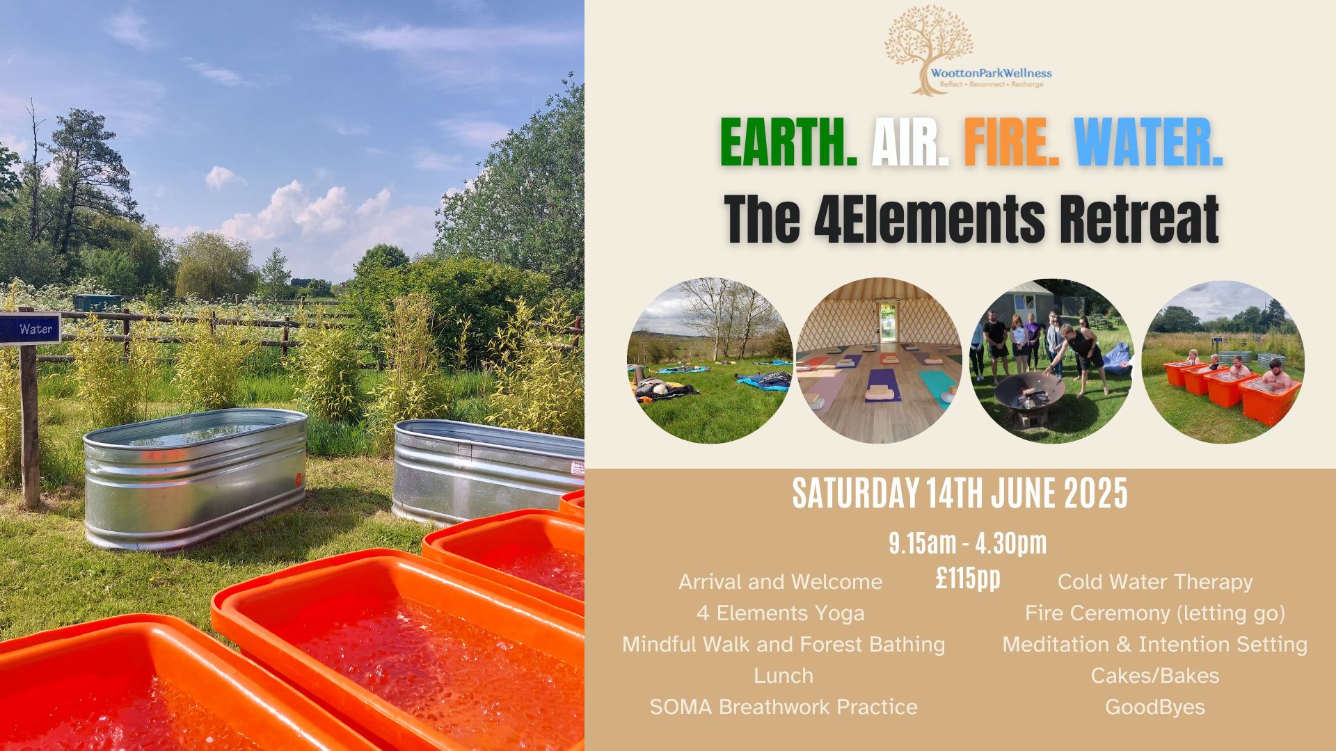 4 Elements Day Retreat, SOMA Breathwork, Cold water immersion, 4 Elements Yoga, guided Forest Bathing, Earth, Air, Fire Water, June 2025