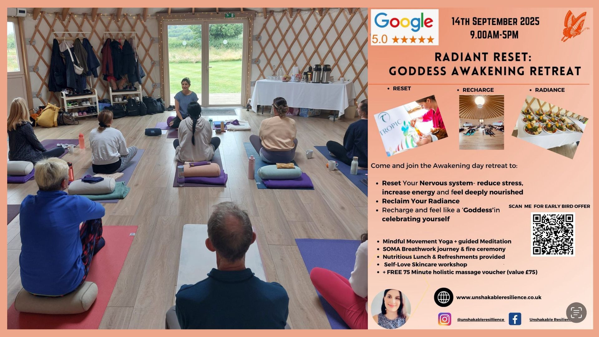 Radiant Reset: Goddess Awakening Day Retreat, Unshakeable Resilience, Krishna Rubapelia, September 2025, Day Retreat, Warwickshire, Wootton Wawen, Wellness Yurt