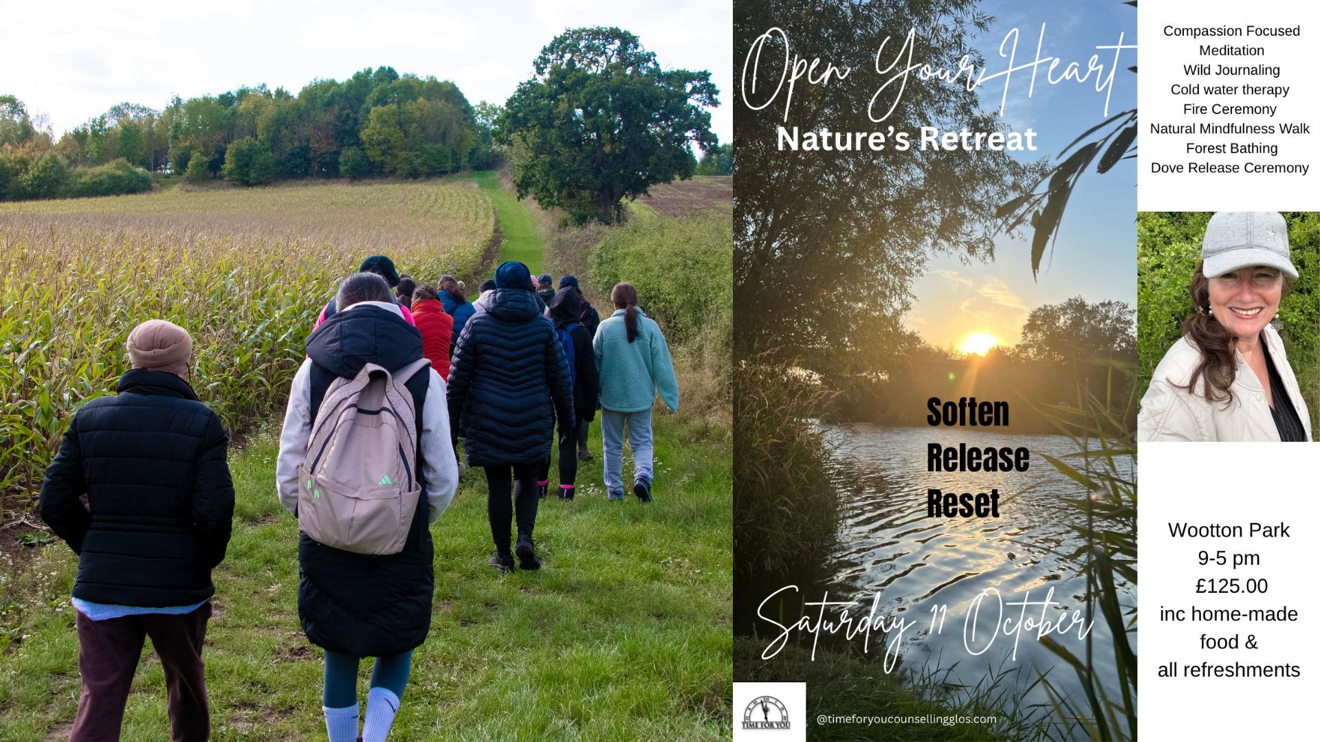 Nicola Holmes Time for You Retreat Counselling, Open Your Hearty Nature's Retreat, October 2025, Day Retreat, Forrest Bathing, Dove Release, Wild Journalling, Cold Water Therapy, Wootton Wawen, Warwickshire, Wellness Yurt.