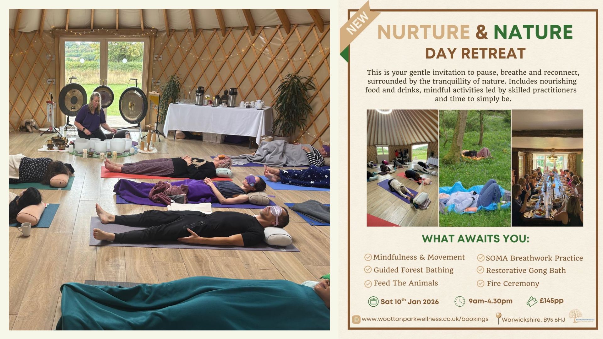New for 2026 Nurture & Nature, Day Retreat, Forest Bathing, Mindfulness & Movement. SOMA Breathwork, Gong Bath, Reconnect, Pause in nature, Warwickshire, Wellness Yurt
