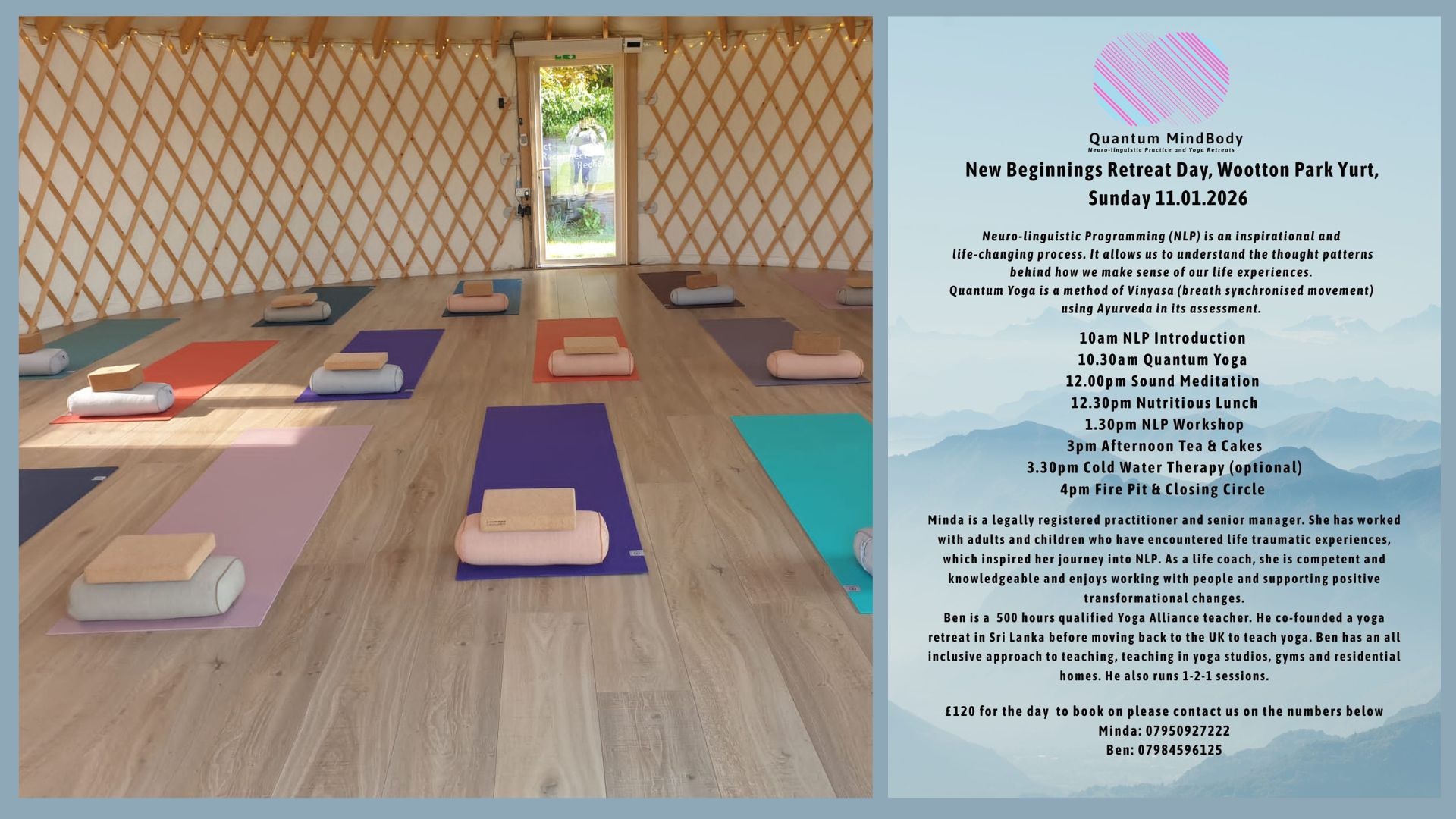 Quantum MindBody. Ben & Minda. NLP Day Retreat, New Beginning, New Year, Wellness Yurt, Wootton Wawen, Warwickshire. January 2026