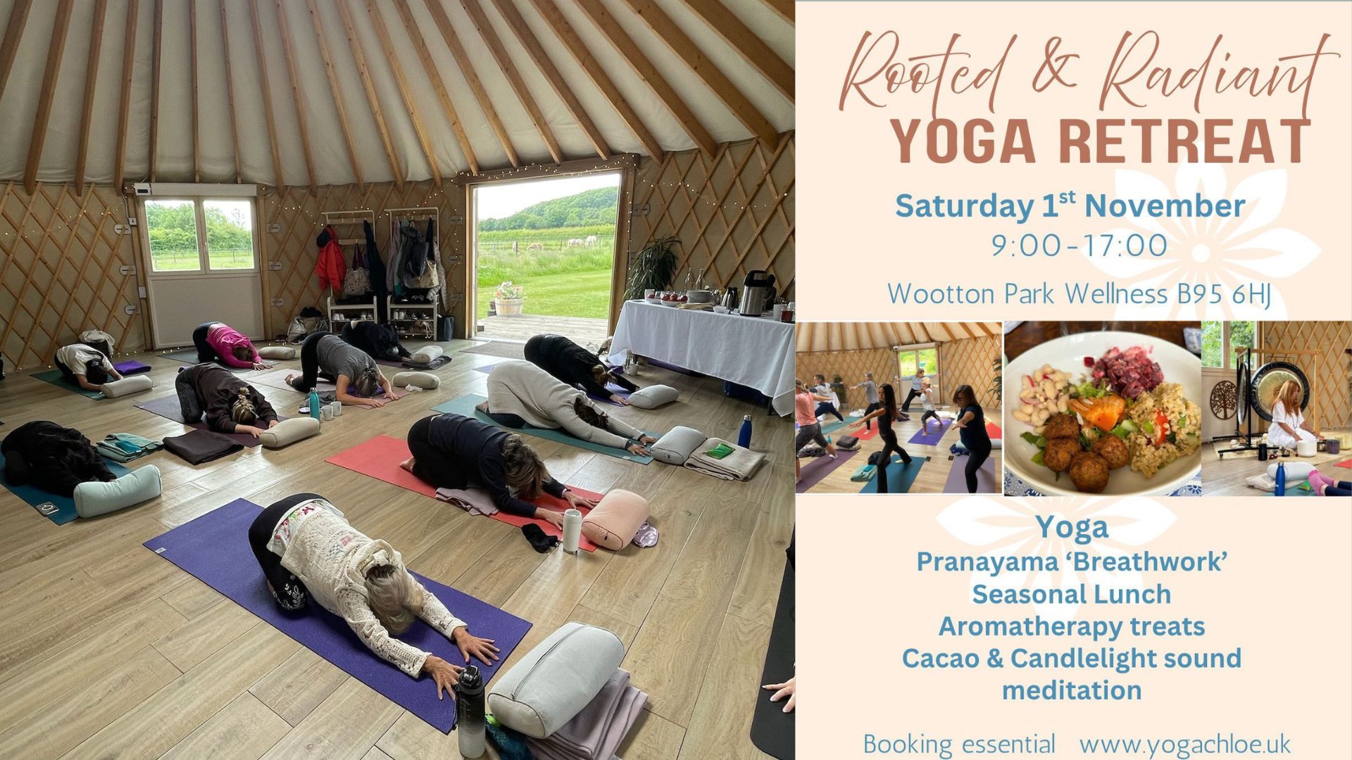 Rooted & Radiant, Yoga Chloe UK, Winter Day Retreat, Cacao & Candelight Sound Meditation, Wellness Yurt