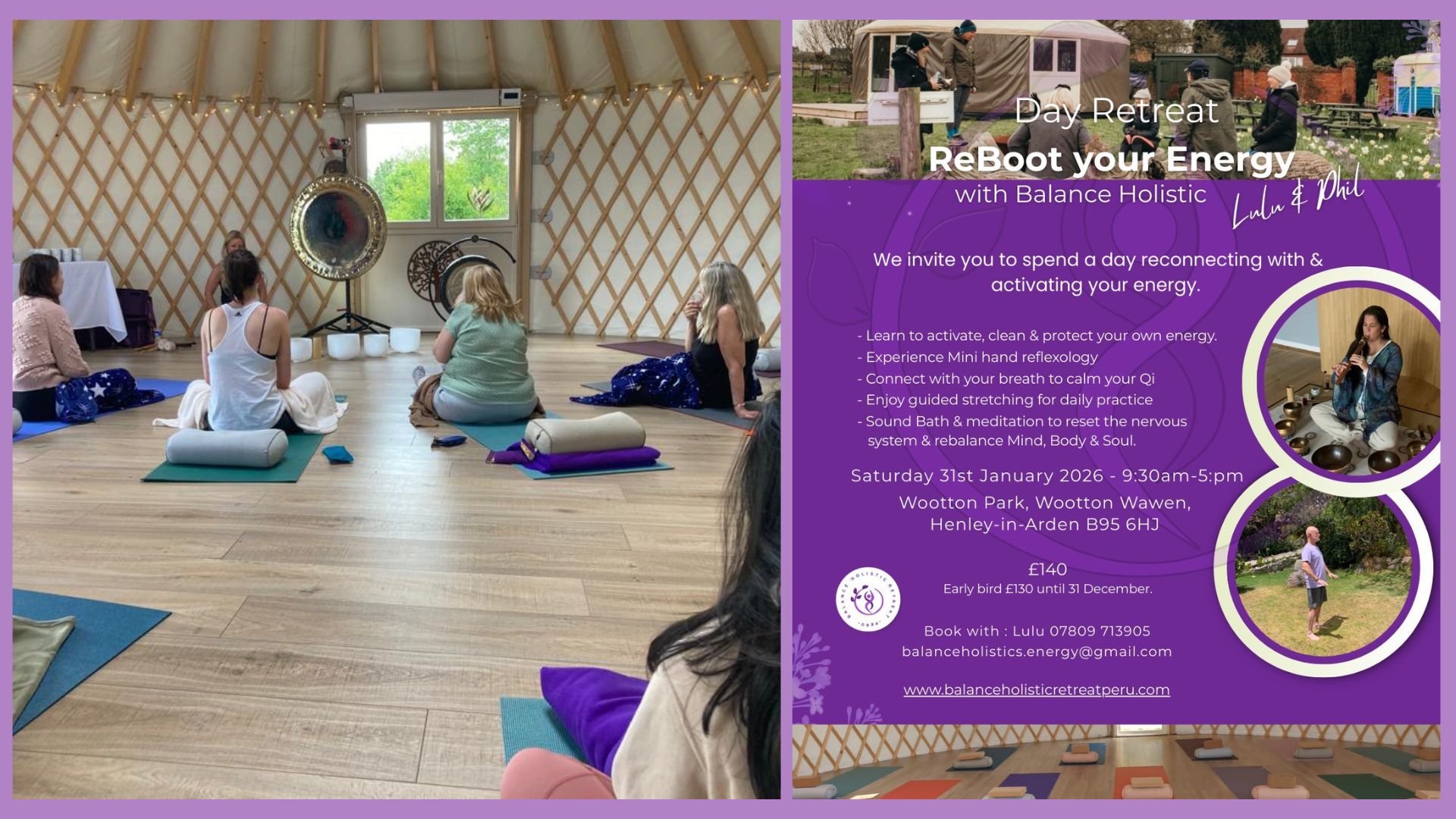 Lulu Chumpitasi, Holistic therapist & Sound healing practitioner, together with Phil Hartley, Expert in mental wellbeing, founders of the unique Balance Holistic Retreat Peru, are inviting you to join them for a gentle & dynamic day of wellness, fun workshops, energy activation, meditation & connection. Closing with a powerful Sound Bath to release blockages & restore your Mind, Body & Soul for a fabulous start of the year! Warwickshire, Woottom Wawen. Wellness Yurt, New Year Retreat, January 2026