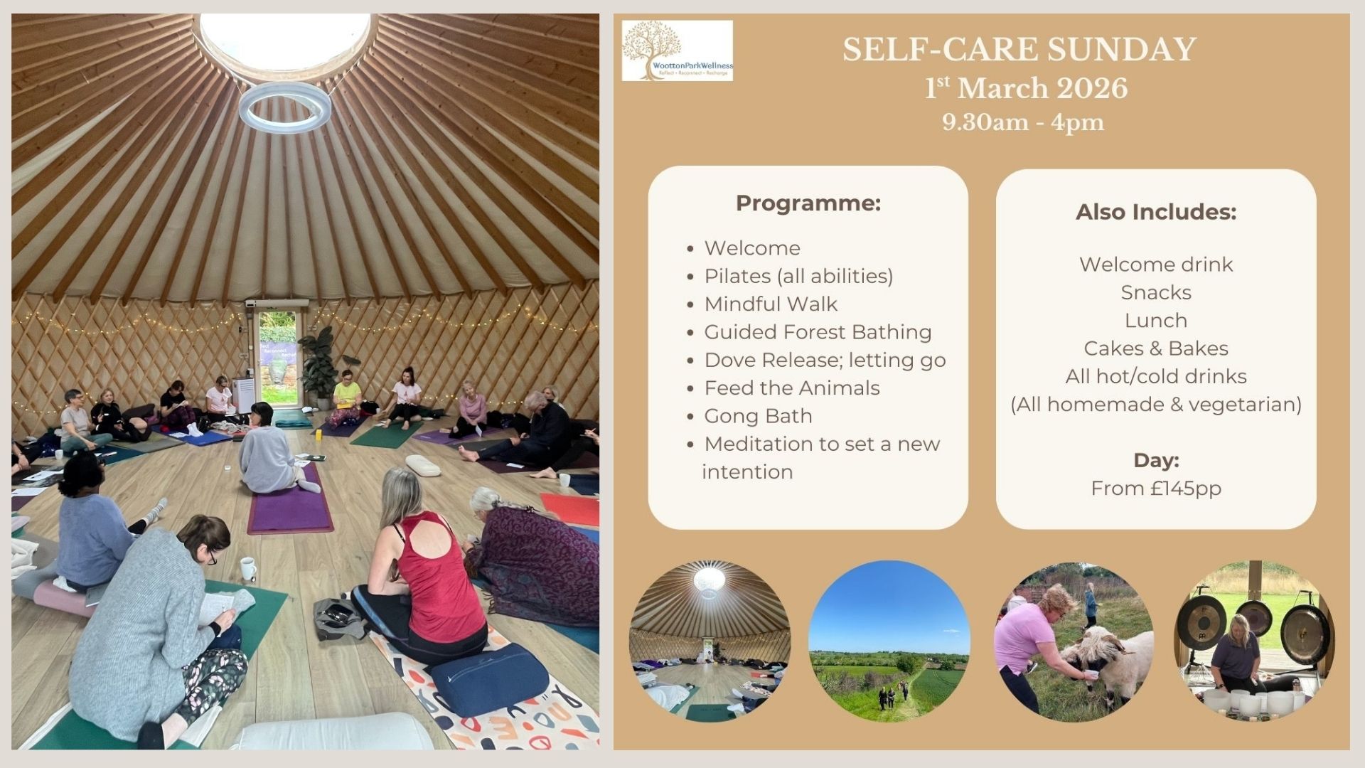Self-care Sunday, welcome in March 2026, varied wellness programme, Warwickshire, Wootton Wawen, Wellness Yurt, Gong Bath, Forest Bathing