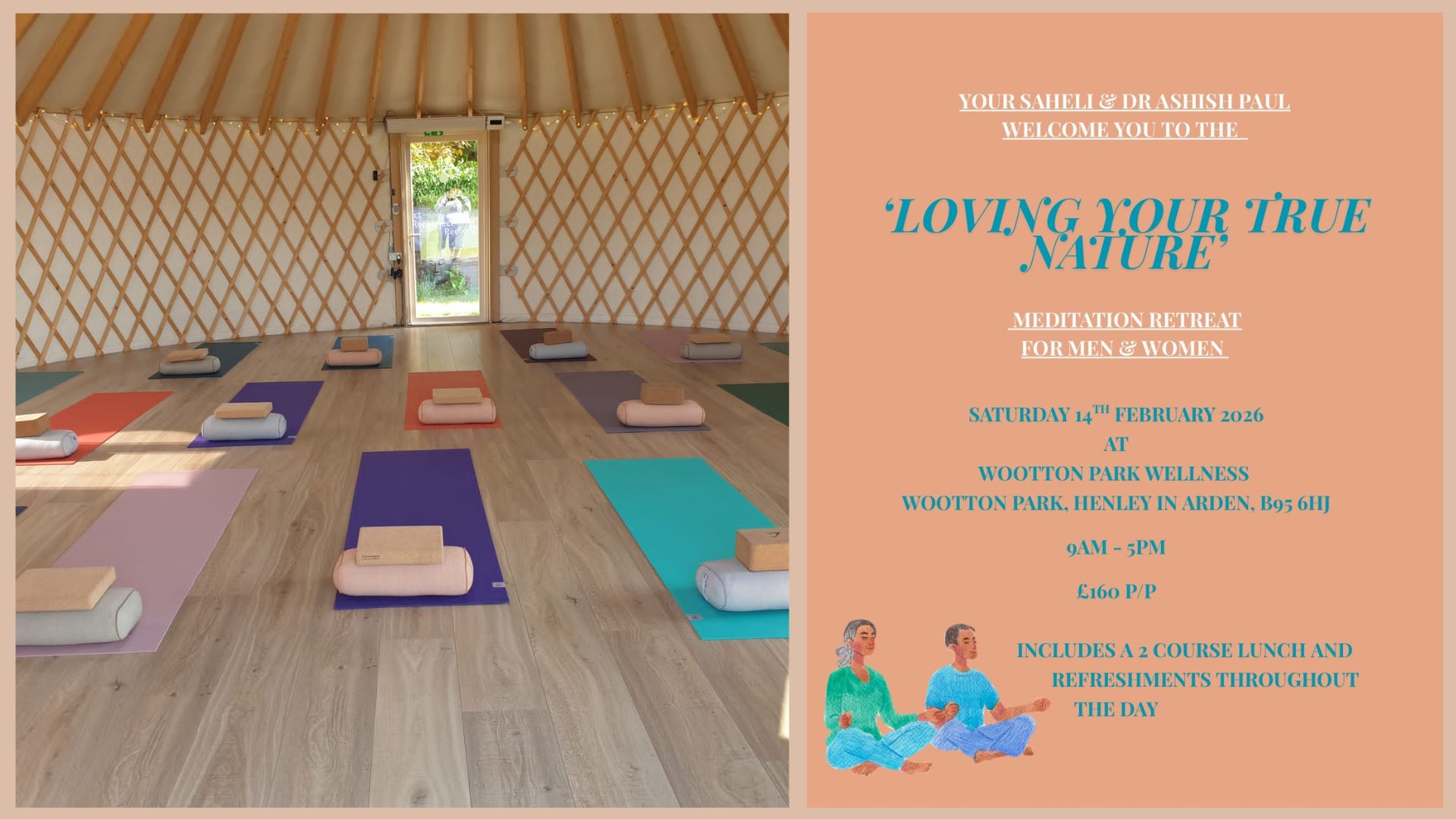 Your Saheli and Dr Ashish Paul, Meditation Retreat 14th Feb 2026, Valentines retreat, Warewickshire, Wootton Wawen, Wellness Yurt